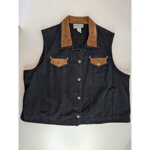 Vintage Stonebridge Black Denim Western Vest Size 2X Suede Trim Conchos